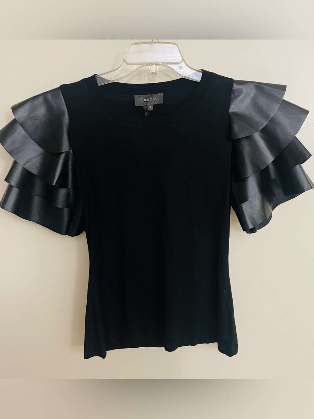 Gracia Black Ruffle Sleeve Tee with Faux-Leather Detail